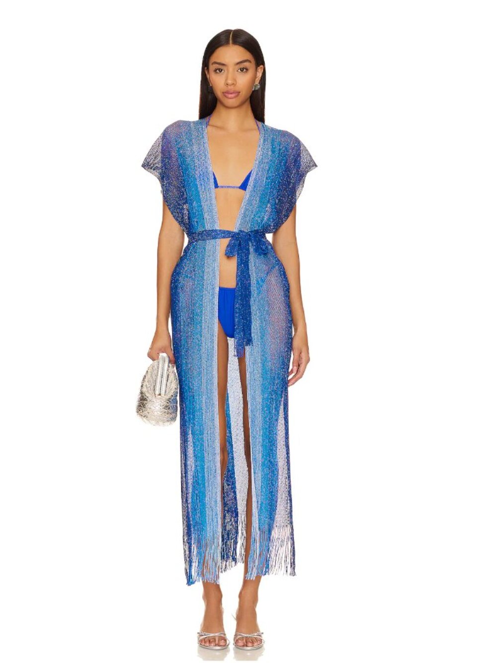 Luli Fama Ocean Queen Long Caftan Blue Beach Robe Coverup Cover Up Swim Cardigan